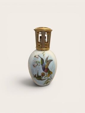 Limoges Porcelain Fragrance Lamp with Multicolored Hummingbird and Gold Top